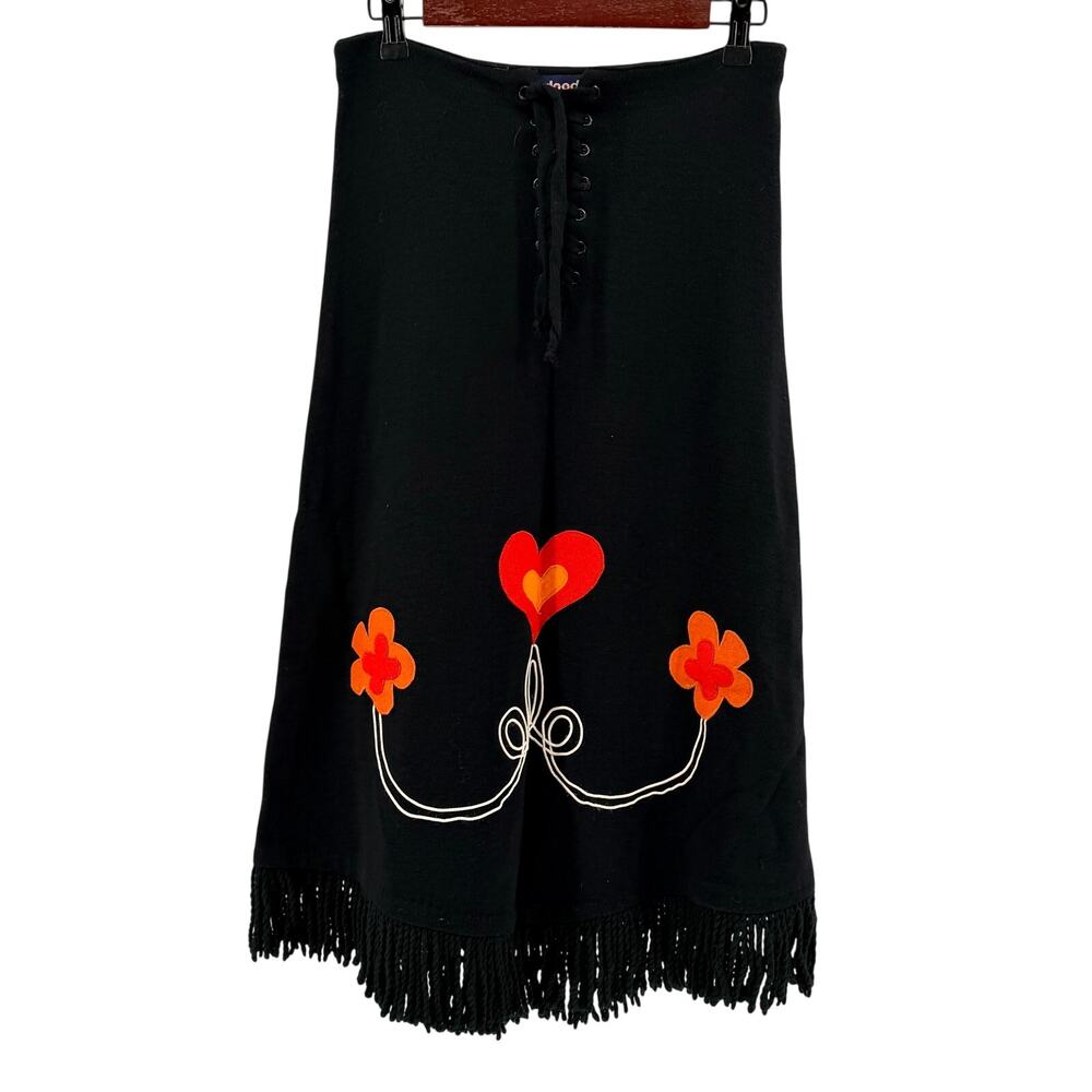 Vintage 70s Doodles by Jeannemarie Volk Black Heart Fringe Knit Midi Skirt